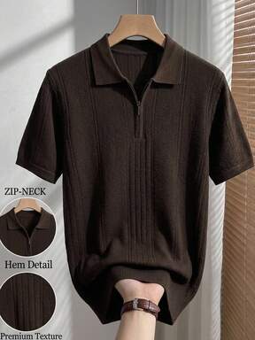 RONVEXI Men's Knit Short Sleeve Casual Polo Shirt, Summer Office Work Dark Brown