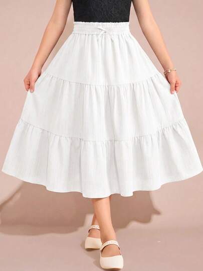 SHEIN Pitira Tween Girl Girls' Spring/Summer Casual Elegant Loose College Style Patchwork Cake Hem Long Woven Jacquard Pleated Paper Bag Waist Skirt Tween Girl