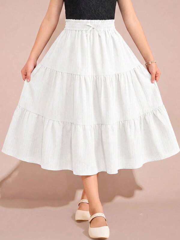 SHEIN Pitira Tween Girl Girls' Spring/Summer Casual Elegant Loose College Style Patchwork Cake Hem Long Woven Jacquard Pleated Paper Bag Waist Skirt Tween Girl