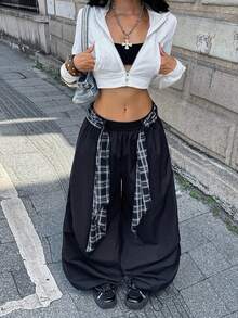 Coolane 女款秋季街頭風外出休閒運動風黑色格紋肩帶降落傘褲，嘻哈街頭穿搭，健身運動服 - 黑色 - 查看 6