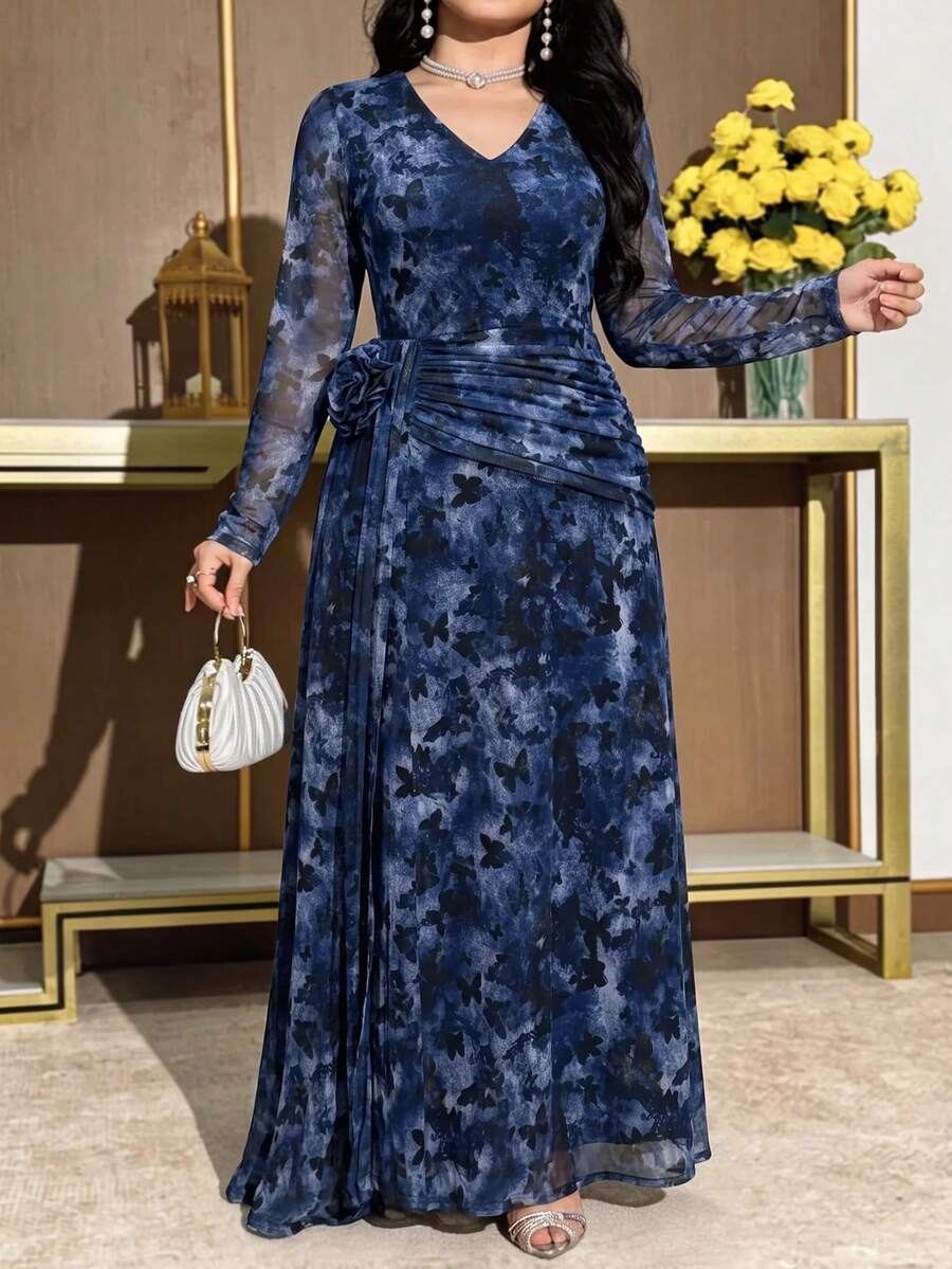 Feyla Plus Size Women's Butterfly Print V-Neck Long Sleeve 3D Floral Decor Elegant Dress - Multicolor - View 1