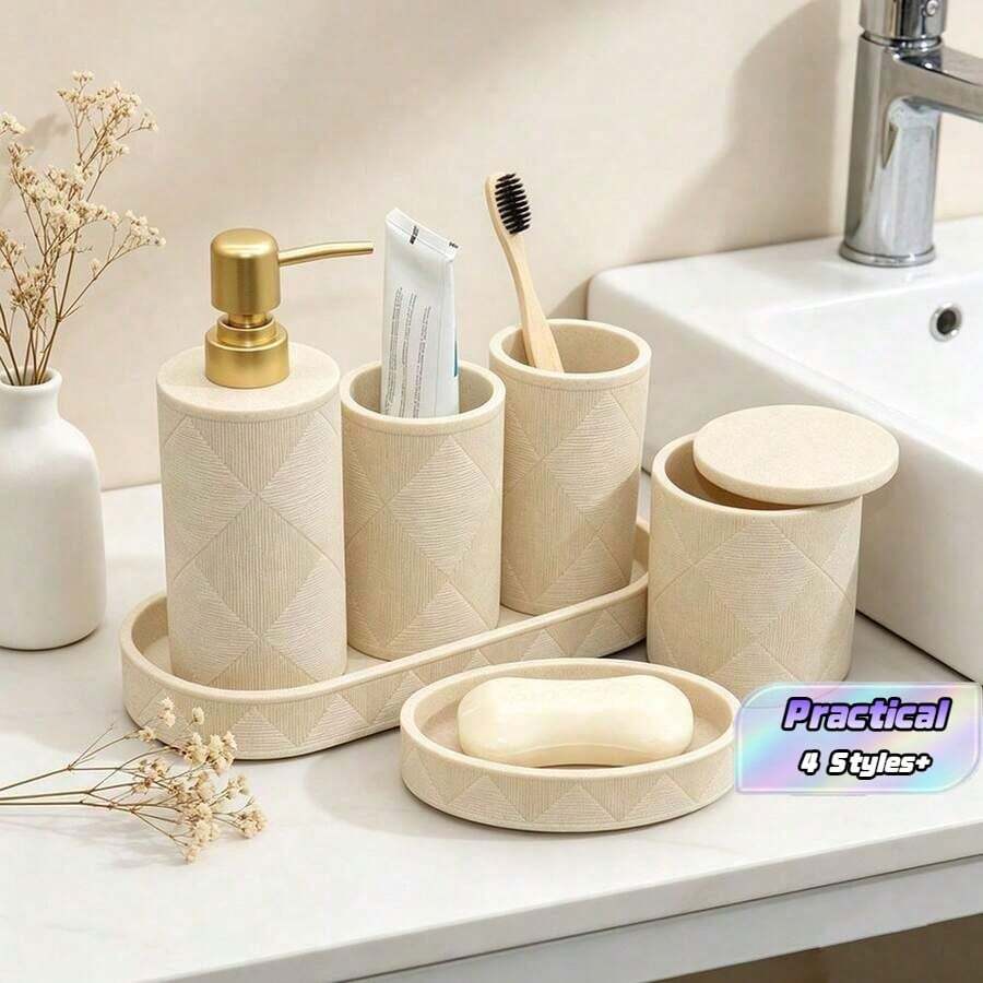 Modern Rustic Acrylic Bathroom Accessory Set, Includes Toothbrush Holder, Soap Dispenser, Tray, Cup, And Cotton Swab Container - Diamond-patterned Suit - View 1