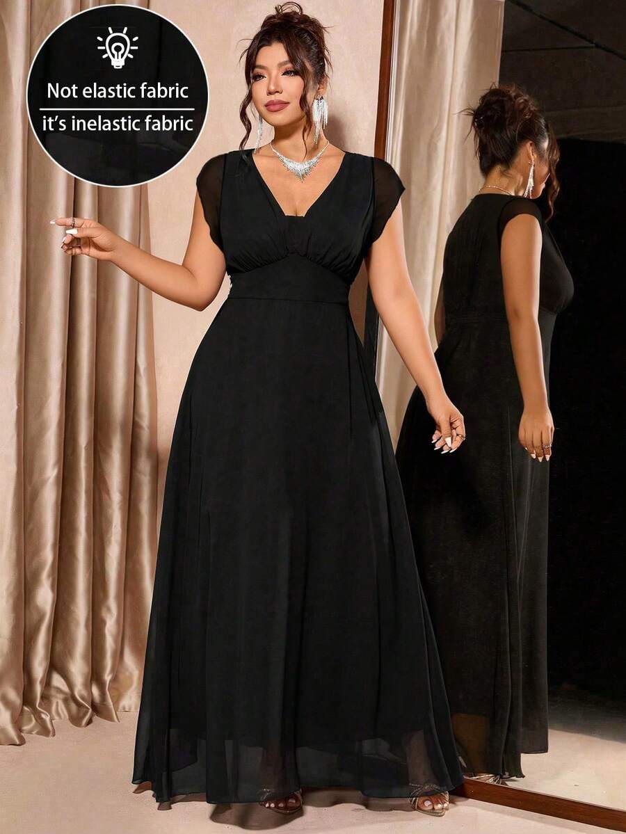 Cravure Plus Size Solid Color Elegant Waist Cinched Party Dress - Black and White - View 1