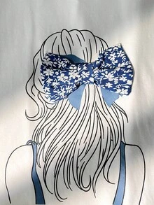 SHEIN Tween Girl 復古可愛針織小女孩印花蝴蝶結T恤與碎花長褲 2件套 - 藍白色 - 查看 6