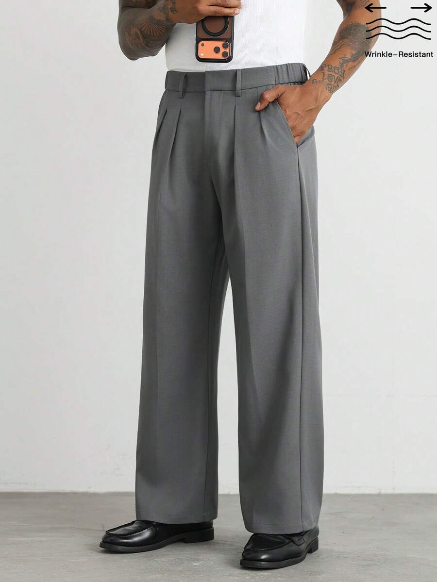 HUEFORM Men's Gray Loose Straight Wide Leg Pants, Waist Design Adds Vitality, Suitable For Work And Daily Commute - Dark Grey - View 1