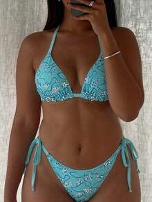 Swim SXY Plus Size 2026 2-Piece Bikini Swimwear,Light Teal,Summer,Beach,Vacation,Holiday,Removable Padded,Triangular Bottoms With Cute Bow Tie,Fashionable - Blue - View 1