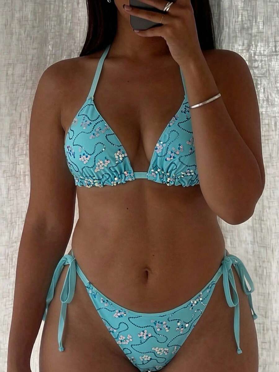Swim SXY Plus Size 2026 2-Piece Bikini Swimwear,Light Teal,Summer,Beach,Vacation,Holiday,Removable Padded,Triangular Bottoms With Cute Bow Tie,Fashionable - Blue - View 1
