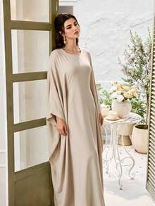 Yasmyna Beige Batwing Sleeve Abaya, Loose Draped Muslim Dress Formal Christening Guest Winter Modest Casual - Beige - View 5