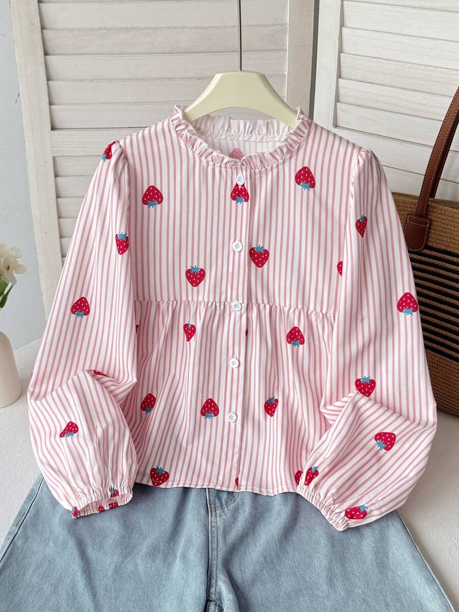 SHEIN 青少年女孩時尚休閒梭織碎花長袖上衣 - 粉色 - 查看 1