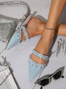 SHUZIA Women Rhinestone Decorated Pointed Toe Flat Mules For Daily Wear Summer Shoes Spring Shoes Spring Break Easter Mother's Day Present For Christmas Valentine's Day - Blue - View 5