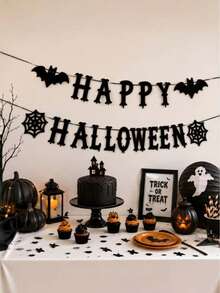 萬聖節場景佈置橫幅：Happy Halloween、黑色蝙蝠、蜘蛛網、派對裝飾用品 - 查看 2