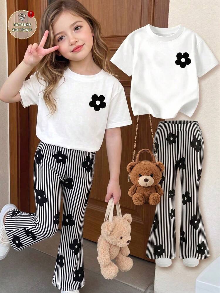 Kids Young Girl Casual Minimalist Cartoon Pattern Round Neck Short Sleeve Top & Flare Pants 2-Piece Set, Suitable For Summer - Multicolor - View 3