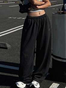 DAZY Women's Casual Wide Leg Sweatpants, American Style - Black - View 4