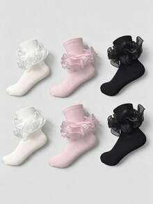 ROMWE Anime 3 Pairs Of Women's Mid-Tube Socks With Lace Pleated Edges; Ruffles - Multicolor A2 - View 5