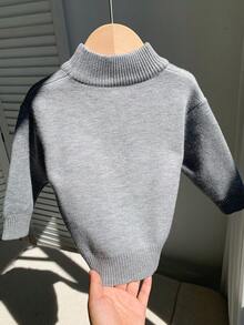 SHEIN 嬰兒男嬰女嬰秋冬休閒灰色抓絨毛衣，可愛嬰兒高領毛衣，灰色毛衣 - 彩色 - 查看 2