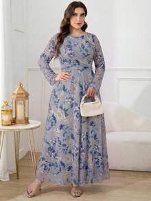 Modelyn 大尺碼女款復古休閒碎花圓領荷葉邊亮片收腰燈籠袖雪紡洋裝 生日正式晚禮服 淡藍色 秋季 - 藍色 - 查看 1