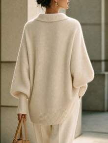 RosyDaze Women Oversized Polo Collar Balloon Sleeve Knit Sweater - Apricot - View 3
