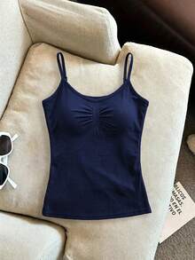 INAWLY Solva Tank Top Tanpa Lengan Kasual Pas Badan Warna Polos untuk Wanita, Cocok untuk Musim Panas - Navy Blue - View 6