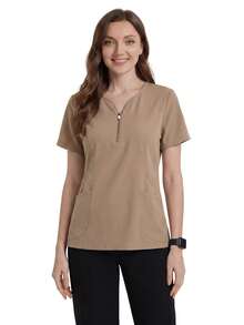 TaskEZ Earth Tone Short Sleeve Sweetheart Neck Zipper Multi-Pocket Convenient Comfortable Scrub Uniform Top - Camel - View 4