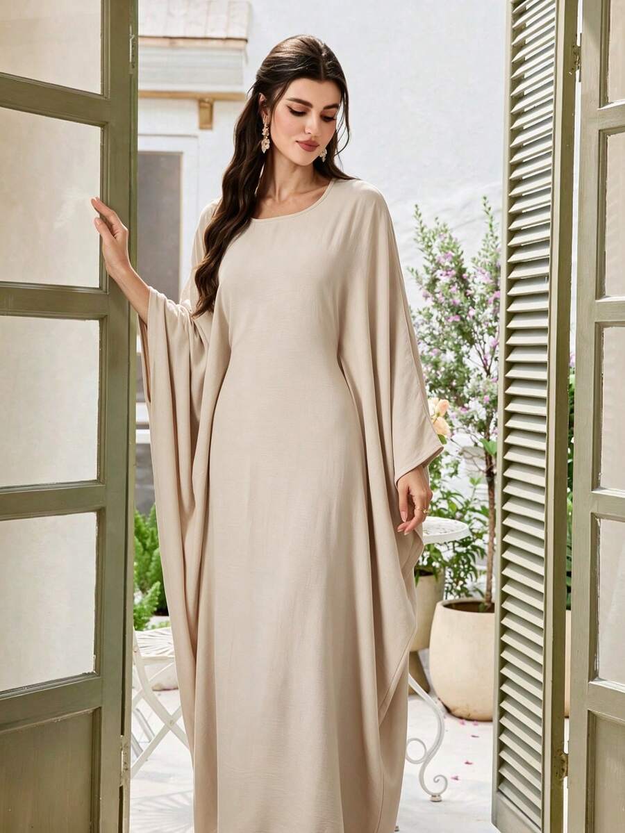 Yasmyna Beige Batwing Sleeve Abaya, Loose Draped Muslim Dress Formal Christening Guest Winter Modest Casual - Beige - View 1