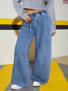 Teens Girls Elastic Waist Drawstring Loose Straight Leg Jeans - Medium Wash - View 3