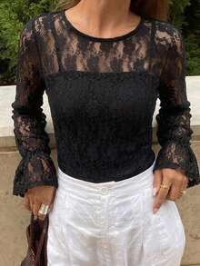 FRIFUL Women's Apricot Loose Sheer Lace Camisole With Flare Sleeves, Spring/Summer Going Out Tops Long Sleeve Tops - Black - View 2