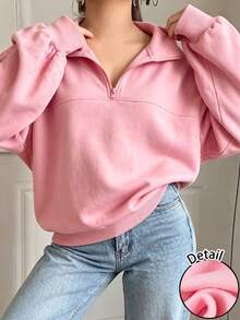SHEIN 青少年女孩淺粉色抓絨內裡半拉鍊前開襟休閒寬鬆衛衣 - 粉色 - 查看 7