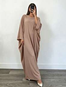 Al Najma Solid Simple Batwing Sleeve Abaya, Loose Oversized Maxi Kaftan Dress, Casual Modest Islamic Women Long Robe For Daily Wear - Khaki - View 4