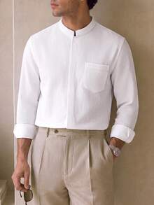 Core Aspect Men Old Money Clean Fit Mandarin Collar Shirt, Minimalist Hidden Placket Chest Pocket - White - View 6