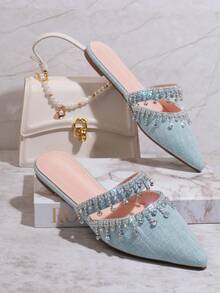 SHUZIA Women Rhinestone Decorated Pointed Toe Flat Mules For Daily Wear Summer Shoes Spring Shoes Spring Break Easter Mother's Day Present For Christmas Valentine's Day - Blue - View 3