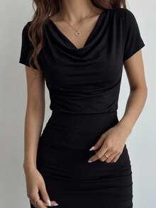 DAZY Women's Casual Draped Neck White T-Shirt, Elegant For Dates, Weddings, Vacations, Slim Fit Sheer Mesh Short Sleeve Top, Spring & Summer - Black - View 2