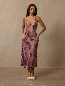 HautHeat Women's Plant Flocked Hollow Design Contrast Lace Sexy Halter Neck Nightgown - Black - View 4