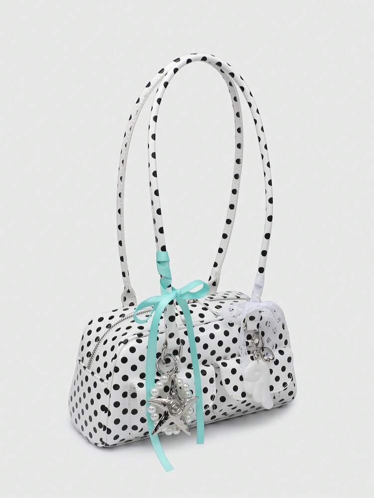 ROMWE Kawaii Ladies' Vintage Bow Tie Decor Heart Shoulder Underarm Bag With Multi Pockets Boston Handbag, School - Polka dot blue and white - View 2