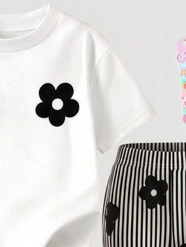 Kids Young Girl Casual Minimalist Cartoon Pattern Round Neck Short Sleeve Top & Flare Pants 2-Piece Set, Suitable For Summer - Multicolor - View 5