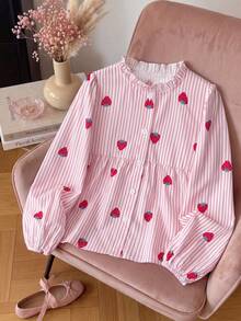 SHEIN 青少年女孩時尚休閒梭織碎花長袖上衣 - 粉色 - 查看 7