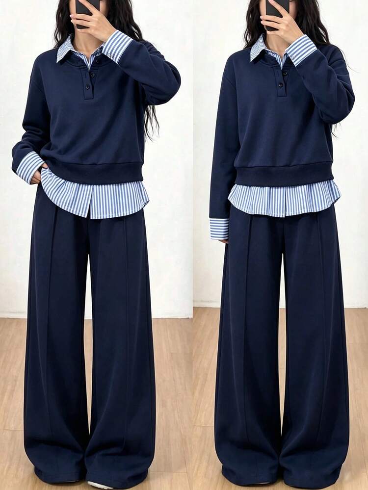 Flickors marinblått 2 i 1 randigt set med sweatshirt med polokrage, halvknäppning och lång ärm + raka vida byxor, 2-delat casual set i college-stil med colorblock, sportig outfit för skola, utflykter och campusvardag - Marinblå - Visa 1