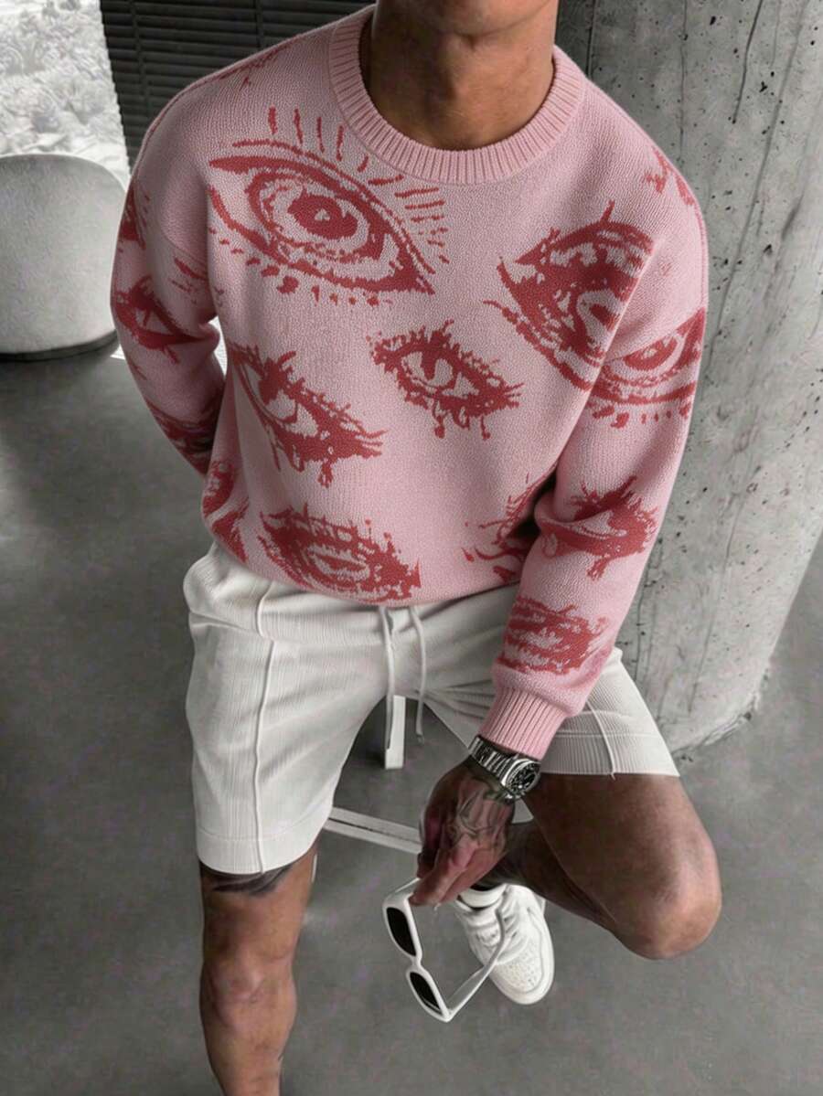 Manfinity CasualKnits 男士眼睛圖案圓領長袖休閒毛衣 - 粉色 - 查看 1