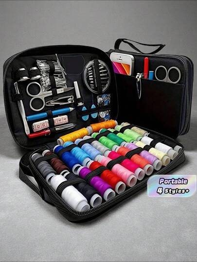 1 Set Standart Boy Taşınabilir Premium Dayanıklı Hafif Fermuarlı Saklama Çantalı Komple Dikiş Seti, Çok Fonksiyonlu Mini Ev Nakış Aletleri, Retro Kapitone Aksesuarları, Seyahat İçin Temel DIY El Sanatları ve Onarım Malzemeleri, İğne, İplik, Düğme, Tığ