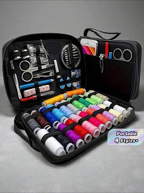 1SET Standard Size Portable Premium Durable Lightweight Complete Sewing Kit With Zippered Storage Bag Multifunctional Mini Home Embroidery Tools Retro Quilting Accessories Travel Essential DIY Craft Repair Supplies Needles Thread Buttons Crochet