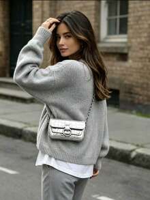 SHEIN LUNE Women's Solid Color Simple Casual Crew Neck Long Sleeve White Sweater - Grey - View 2