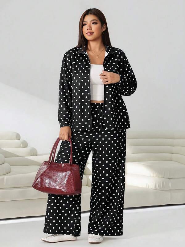 Solflare Black And White Polka Dot Jacket And Pants Set For Women Plus Size Fall