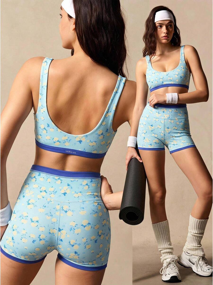 VARSIVA Women's Floral Print Bra And Shorts Sports Set