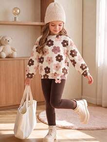 Kids Young Girl Casual Crew Neck Long Sleeve Sweatshirt & Leggings 2 Pieces Set, Suitable For Autumn/Winter Pull - Multicolor - View 4