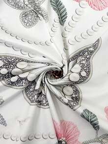 EMERY ROSE White 3D Pearl Butterfly Embroidered Denim Effect V-Neck Long Sleeve T-Shirt, Loose Fit Fashion Design Pretty Top For Women - Multicolor - View 3