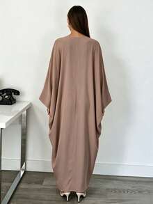 Al Najma Solid Simple Batwing Sleeve Abaya, Loose Oversized Maxi Kaftan Dress, Casual Modest Islamic Women Long Robe For Daily Wear - Khaki - View 5