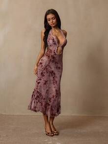 HautHeat Women's Plant Flocked Hollow Design Contrast Lace Sexy Halter Neck Nightgown - Black - View 3