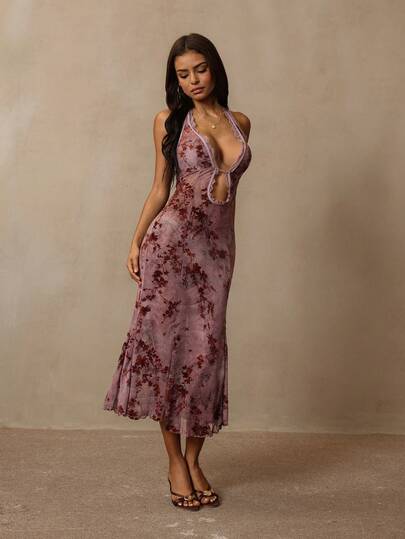 HautHeat Women's Plant Flocked Hollow Design Contrast Lace Sexy Halter Neck Nightgown