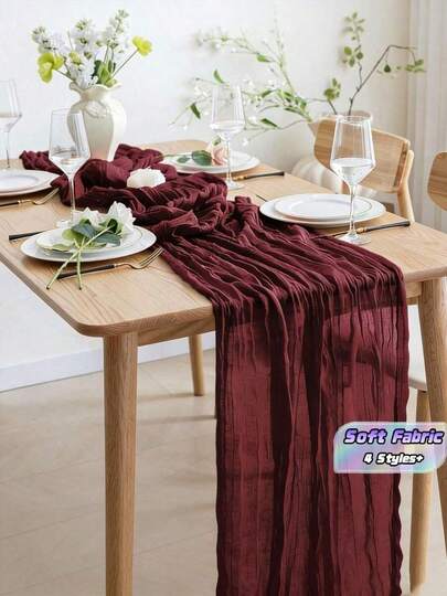 Burgundy Cheesecloth Table Runner, Red Pleated Table Runner, Plain Red Pleated Table Runner, Burgundy Chiffon Tablecloth, Boho Sheer Cheese Cloth Tablecloth For Wedding And Birthday Parties, Wedding Anniversary And Banquets