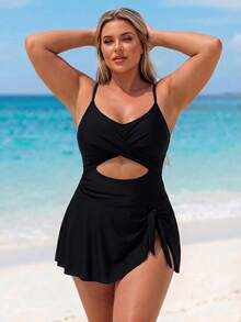Swim Lushoire 2026 New Spring/Summer Plus Size Women's Vacation Beach Wear Solid Color Cutout Design Spaghetti Strap Swim Dress With Swim Shorts - Black - View 7