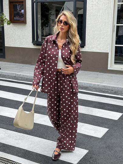 SHEIN Frenchy Autumn Polka Dot Women's Long Sleeve Shirt And Wide Leg Pants 2 Pieces Set